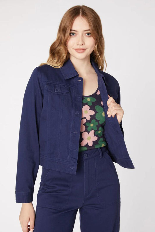 Image of a model wearing Outerwear. Productname: Holly Drill Jacket in Navy colour by brand - Princess Highway