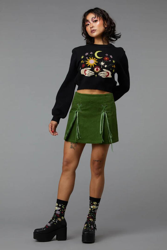 Image of a model wearing Skirts. Productname: Contortionist Skirt in Green colour by brand - Black Friday