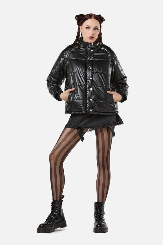 Image of a model wearing Outerwear. Product name - Radioactive Raver Puffer Jacket in White colour by brand - Dangerfield