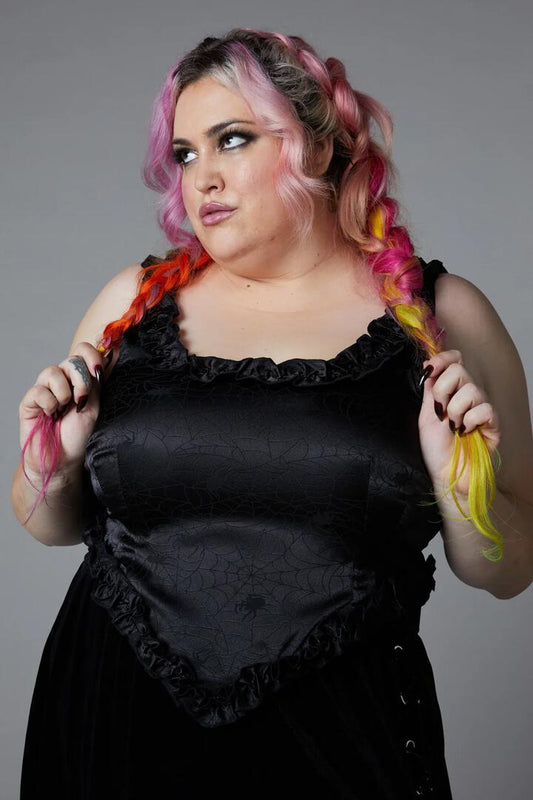 Image of a model wearing Tops. Productname: Curve Nadja Gothic Corset Top in Red colour by brand - Black Friday