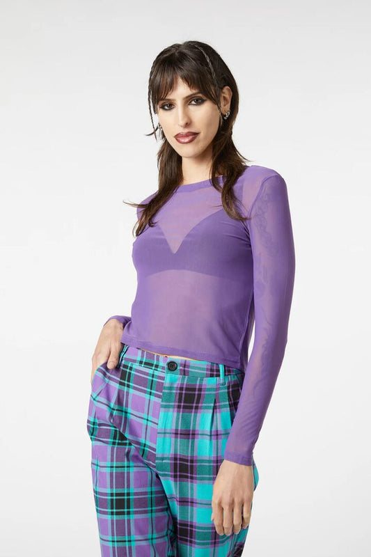 Image of a model wearing Tops. Productname: Classic Plain Mesh Top in Purple colour by brand - Dangerfield
