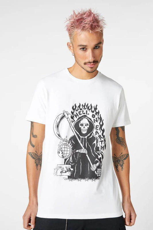 Image of a model wearing Tops. Productname: Hell On Earth Tee in White colour by brand - Dangerfield