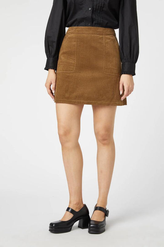Image of a model wearing Skirts. Product name - Jamie Cord Skirt in Olive colour by brand - Princess Highway