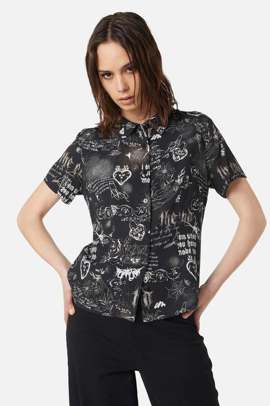Image of Blouses. Product name - Lover's Departure Printed Blouse in Black colour by brand - Dangerfield