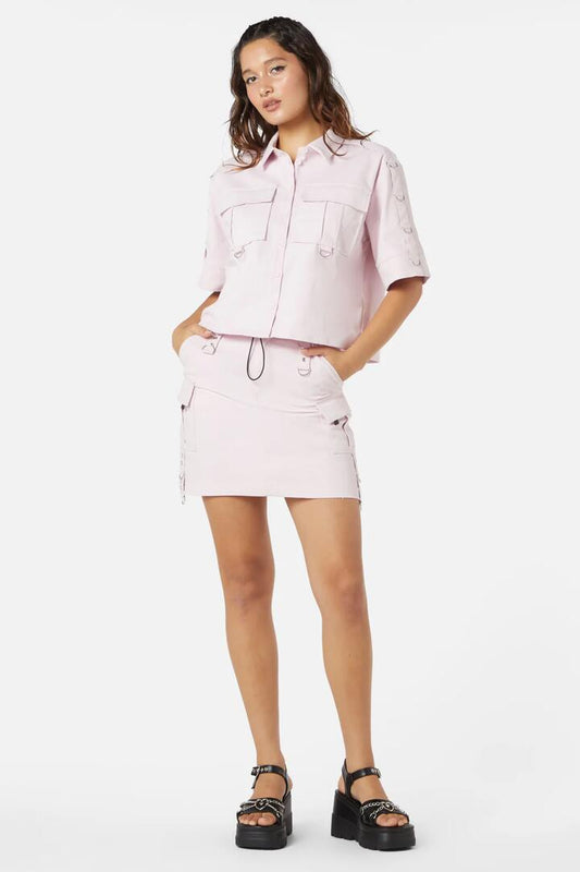 Image of a model wearing Skirts. Product name - Jagger Cargo O-Ring Skirt in Pink colour by brand - Dangerfield