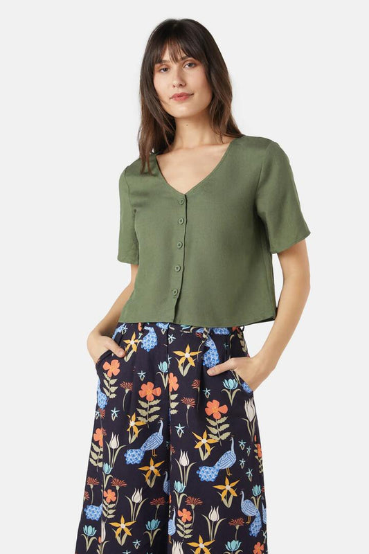 Image of a model wearing Tops. Productname: Elke Top in Olive colour by brand - Princess Highway