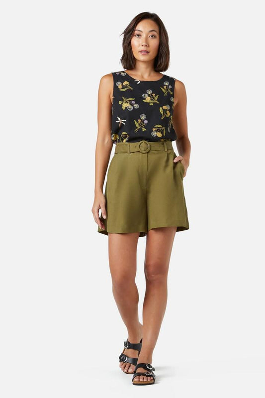 Image of a model wearing Shorts. Product name - Rory Short in Olive colour by brand - Princess Highway