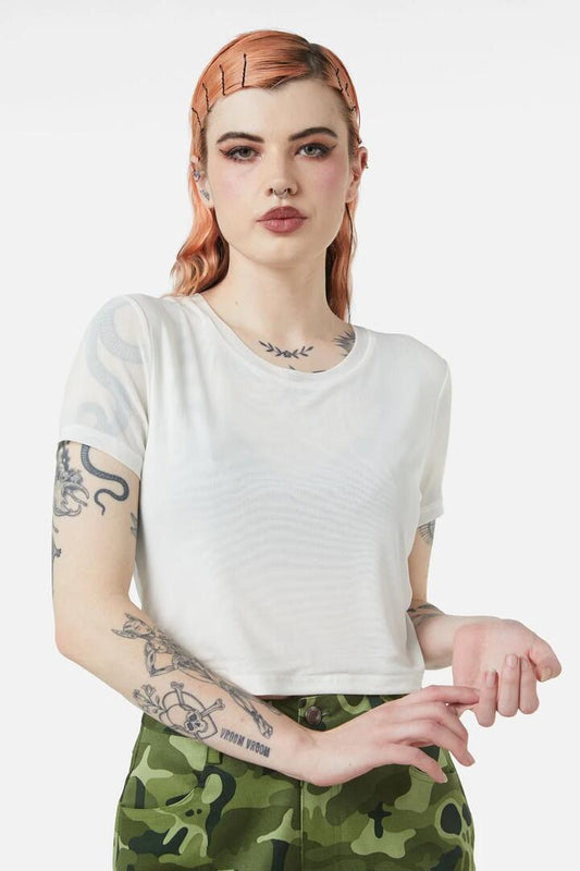 Image of a model wearing Tops. Productname: Eliza Mesh Top in White colour by brand - Dangerfield
