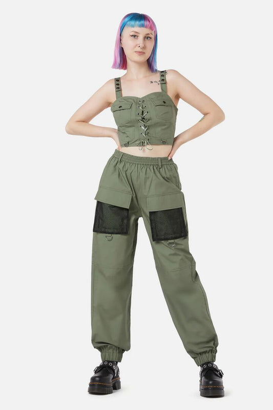 Image of a model wearing Pants. Productname: Field Work Cargo Pant in Olive colour by brand - Dangerfield