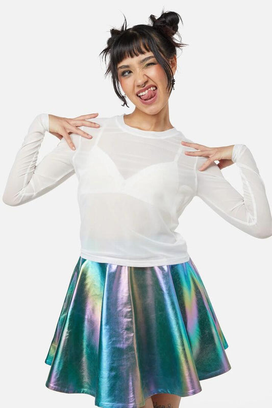 Image of a model wearing Tops. Productname: Basic Mesh Long Sleeve Top in White colour by brand - Dangerfield