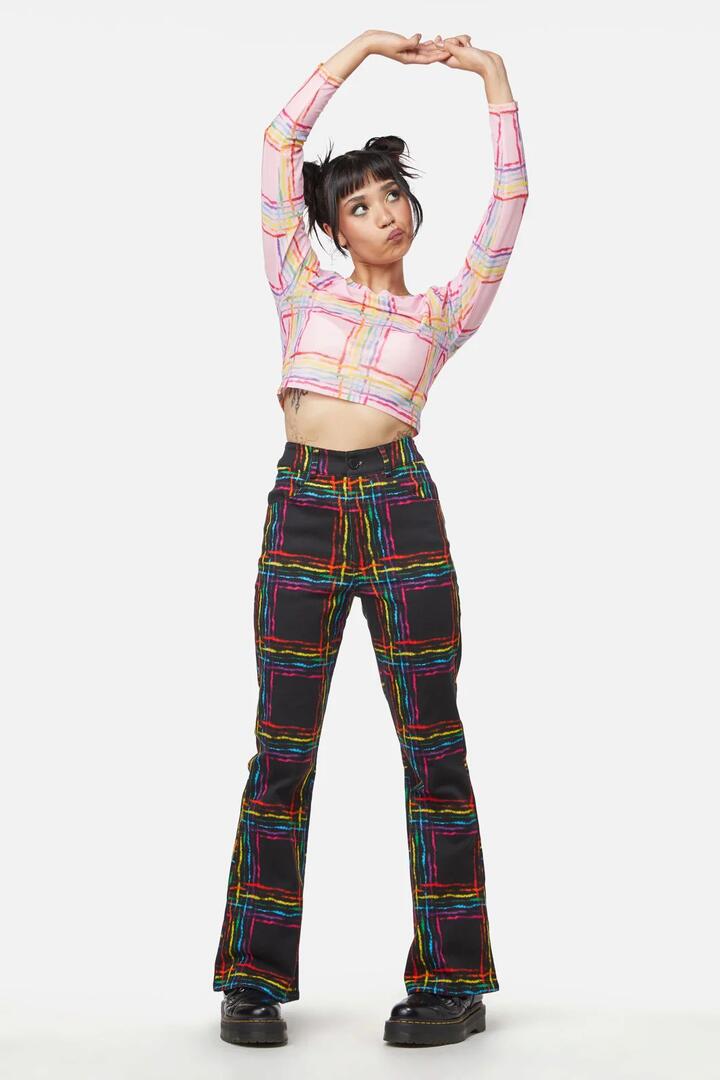 Image of a model wearing Pants. Productname: Hype Queen Flare Pant in Pink colour by brand - Dangerfield