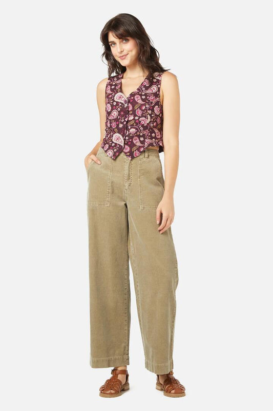 Image of a model wearing Denim. Productname: Nico Cargo Jean in Olive colour by brand - Princess Highway