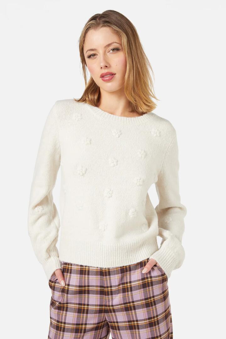 Image of a model wearing Outerwear. Productname: Bloom Sweater in Cream colour by brand - Princess Highway