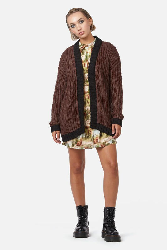 Image of a model wearing Outerwear. Productname: Field Work Chunky Knit Cardi in Brown colour by brand - Dangerfield