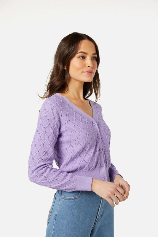 Image of a model wearing Outerwear. Productname: Clea Cardi in Lilac colour by brand - Princess Highway
