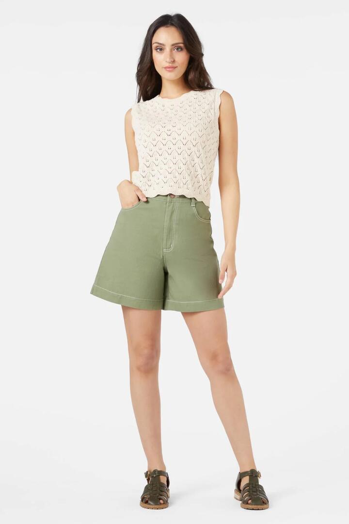 Image of a model wearing Shorts. Productname: Tammie Short in Olive colour by brand - Princess Highway