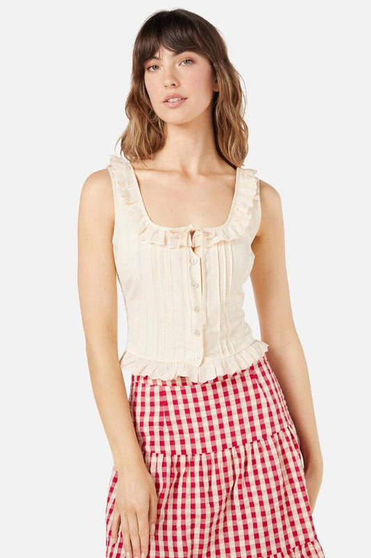 Image of a model wearing Tops. Productname: Dallas Corset Top in Cream colour by brand - Princess Highway