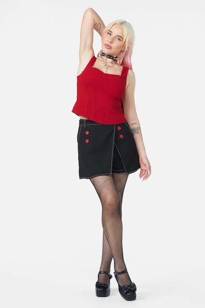 Image of a model wearing Tops. Productname: Queen Of Cats Basic Corset Top in Black colour by brand - Dangerfield