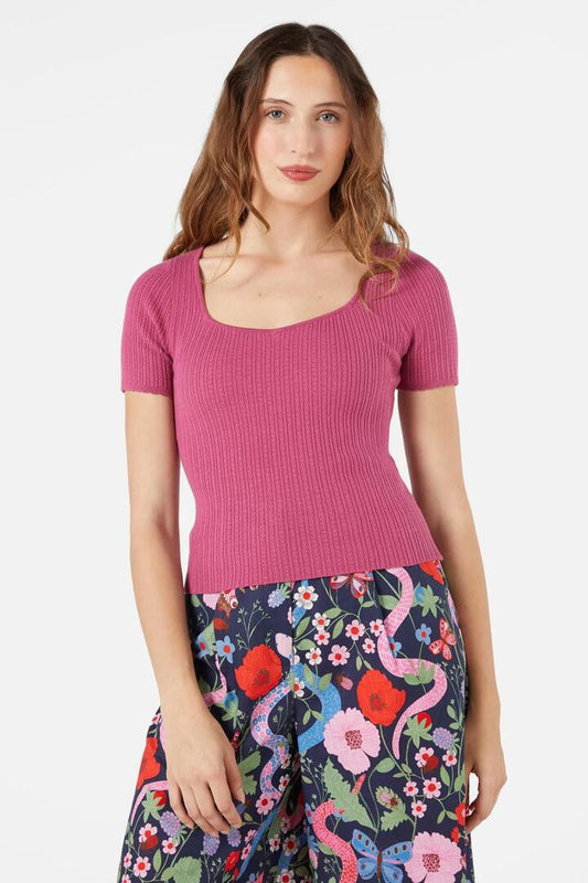 Image of a model wearing Tops. Productname: Kaye Knit Top in Berry colour by brand - Princess Highway