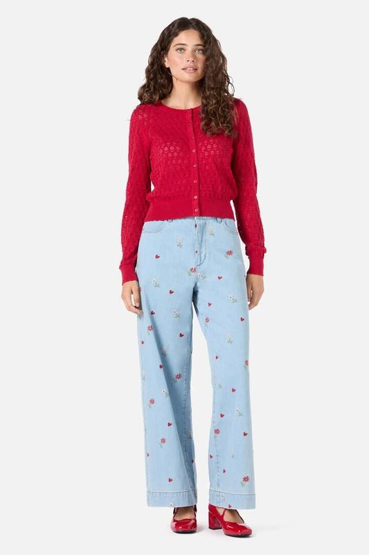 Image of a model wearing Outerwear. Productname: Mara Pointelle Cardigan in Lilac colour by brand - Princess Highway