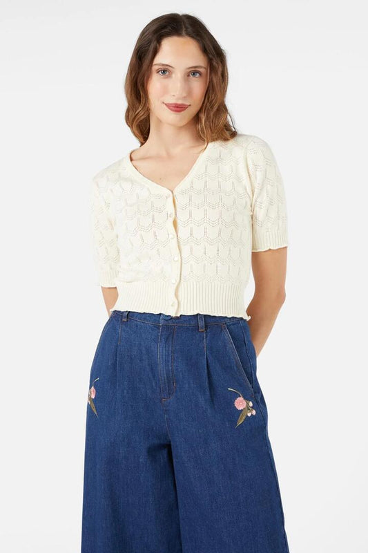 Image of a model wearing Outerwear. Productname: Wednesday Cardigan in Cream colour by brand - Princess Highway