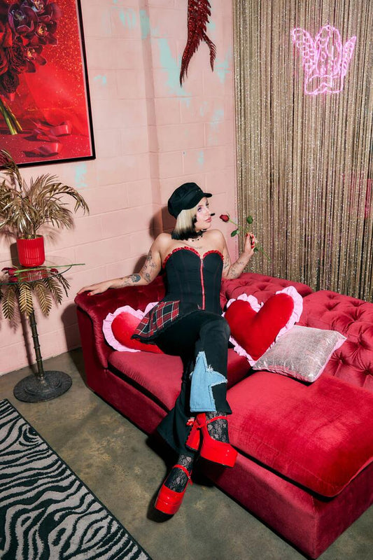 Image of a model wearing Denim. Productname: Catwalk Assassin Jean in Black/Red colour by brand - Dangerfield