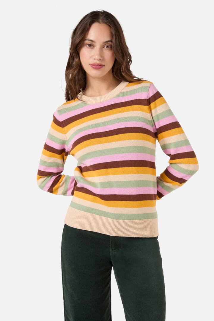 Image of a model wearing Outerwear. Productname: Jill Stripe Knit Jumper in Blue/Choc colour by brand - Princess Highway