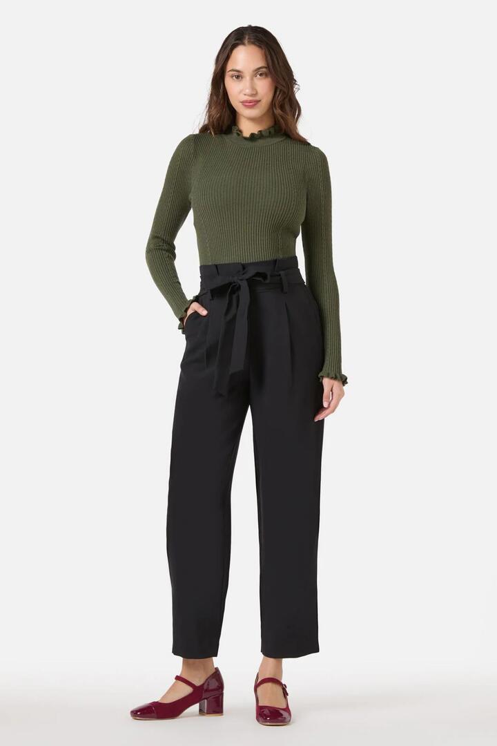 Image of a model wearing Pants. Productname: Hailey High Waisted Pleat Pant in Chocolate colour by brand - Princess Highway