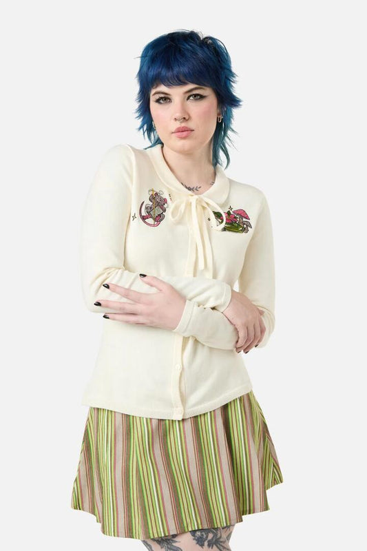 Image of a model wearing Outerwear. Productname: Critters Emb Fitted Cardigan in Black colour by brand - Dangerfield