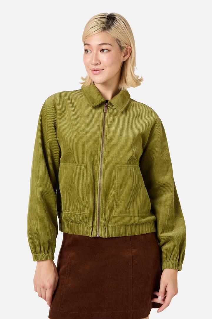 Image of a model wearing Outerwear. Productname: Remy Cord Jacket in Green colour by brand - Princess Highway
