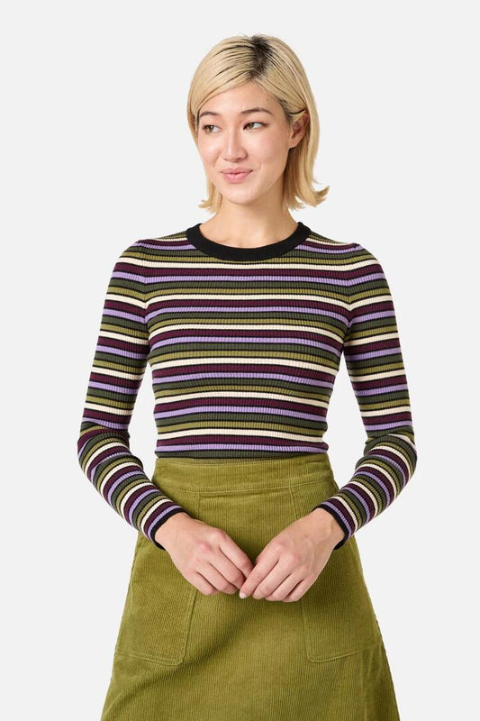 Image of a model wearing Tops. Productname: Darcy Stripe Rib Knit Top in Olive/Purple colour by brand - Princess Highway