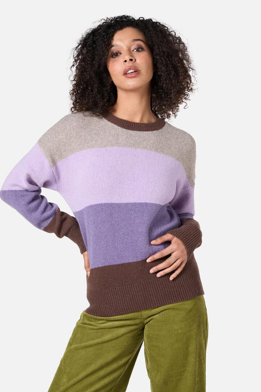 Image of a model wearing Outerwear. Productname: Arla Stripe Knit Jumper in Green colour by brand - Princess Highway