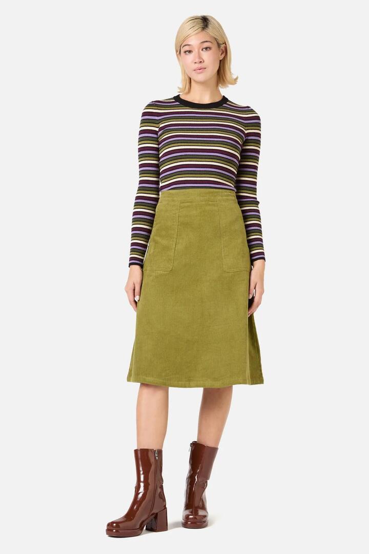 Image of a model wearing Skirts. Productname: Remy Cord Skirt in Pink colour by brand - Princess Highway