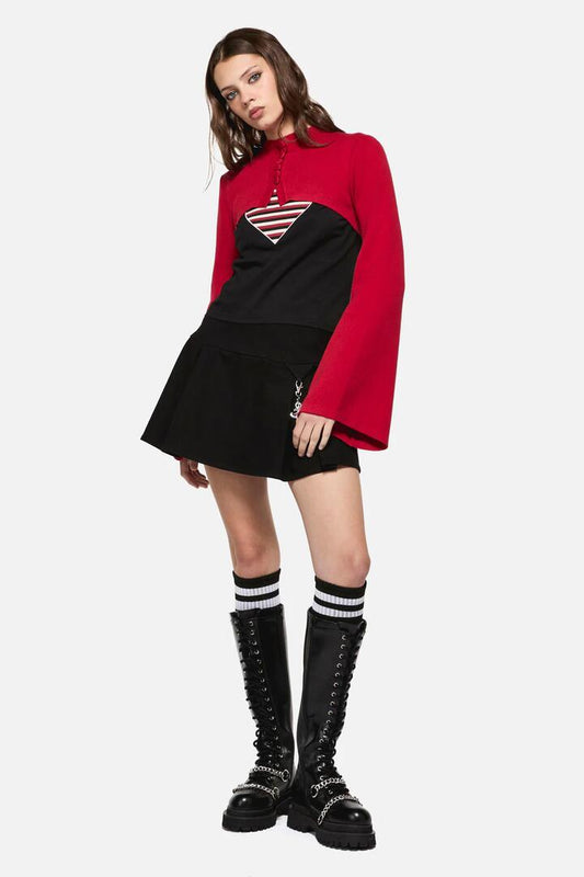 Image of a model wearing Outerwear. Productname: Moggy High Neck Cropped Cardigan in Red colour by brand - Dangerfield