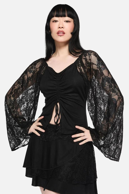Image of a model wearing Tops. Productname: Dragons Grove Lace Sleeve Top in Black colour by brand - Black Friday