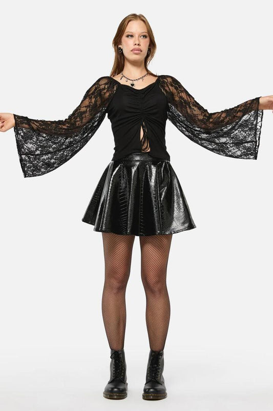 Image of a model wearing Skirts. Productname: Scales PU Circle Skirt in Black colour by brand - Black Friday