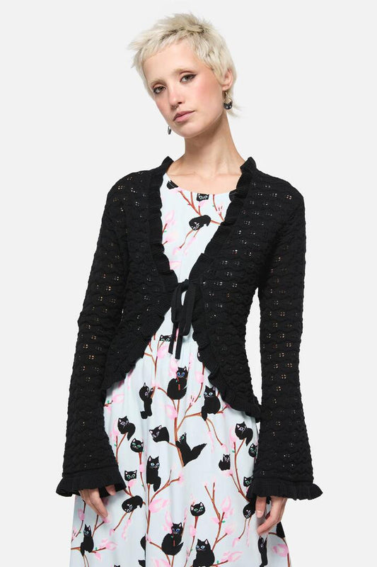 Image of a model wearing Outerwear. Productname: Forgotten City Tie Cardigan in Black colour by brand - Dangerfield