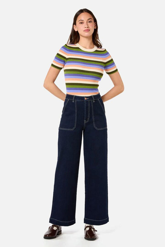 Image of a model wearing Tops. Productname: Skye Stripe Rib Knit Top in Blue Multi colour by brand - Princess Highway