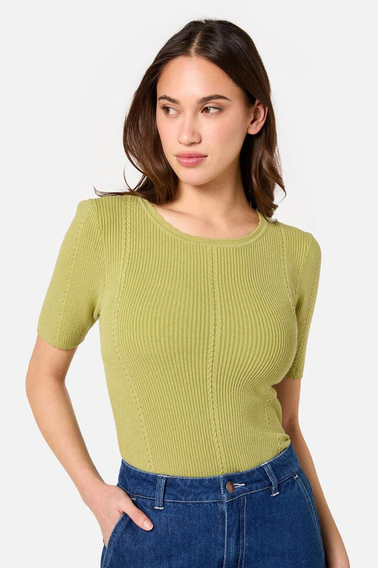 Image of a model wearing Tops. Productname: Susie Rib Knit Top in Soft Green colour by brand - Princess Highway