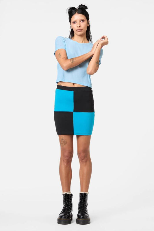 Image of a model wearing Skirts. Productname: TL Fire With Fire Skirt in Blue colour by brand - Dangerfield