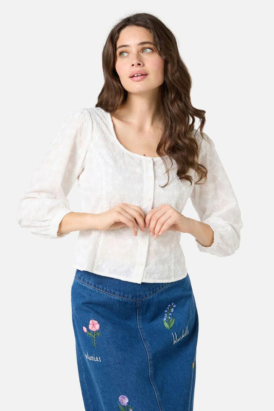 Image of a model wearing Tops. Productname: Lily Broidery Top in White colour by brand - Princess Highway