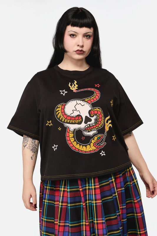 Image of a model wearing Tops. Productname: Curve Snake For Brains Grunge Tee in Black colour by brand - Dangerfield