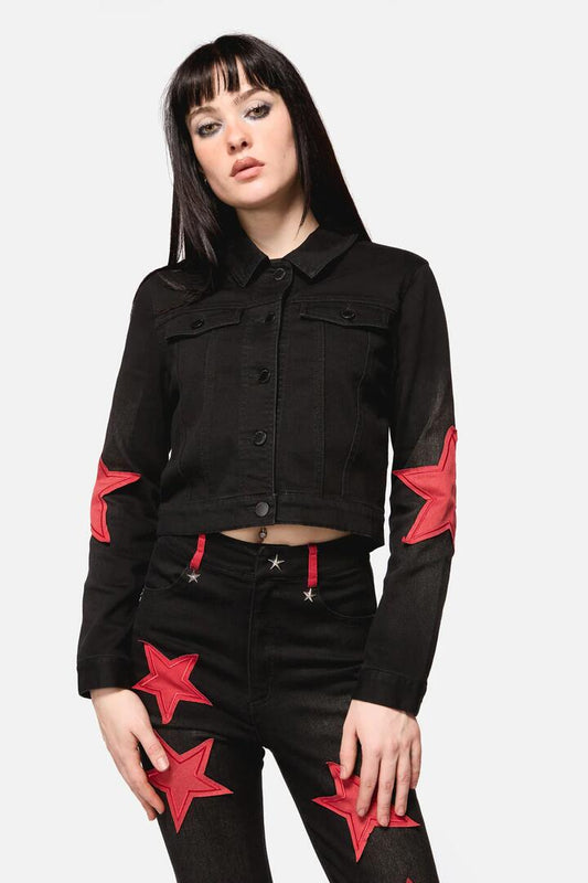 Image of a model wearing Denim. Productname: Catwalk Assassin Denim Jacket in Black/Red colour by brand - Dangerfield
