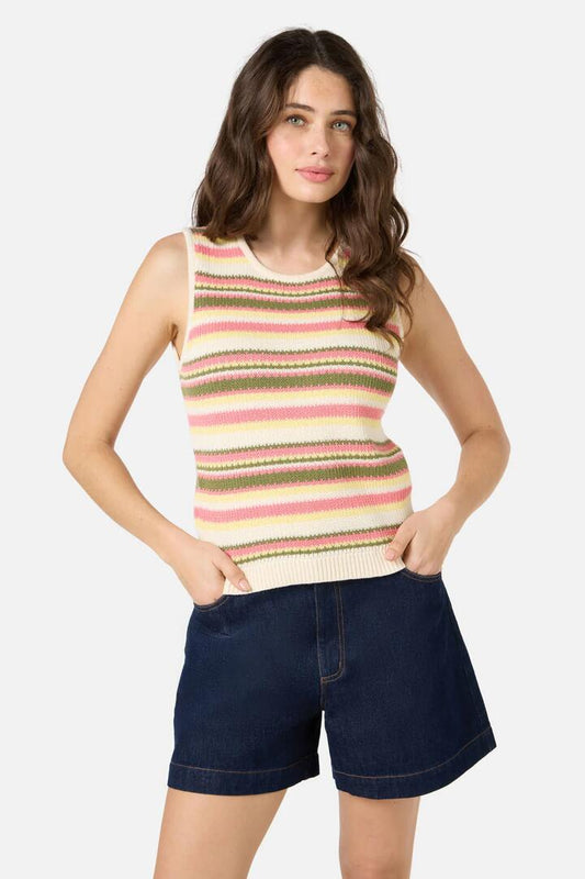 Image of a model wearing Tops. Productname: Sunset Stripe Knit Tank in Choco Multi colour by brand - Princess Highway