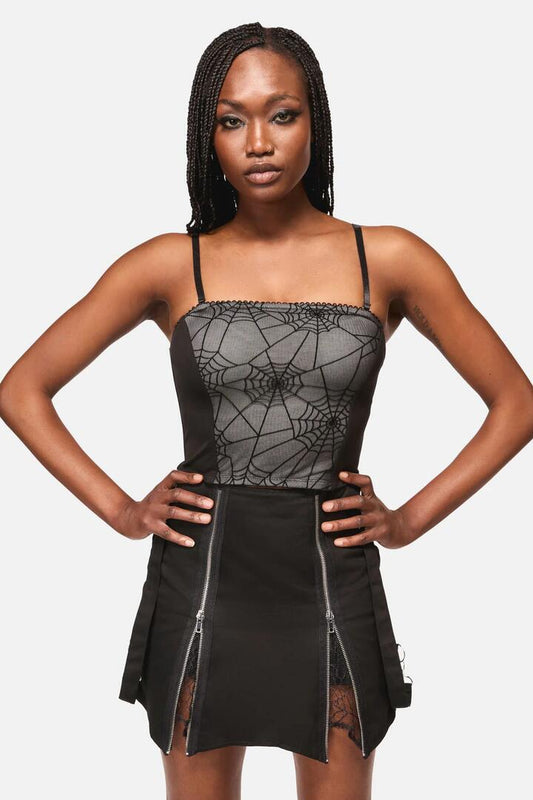 Image of a model wearing Tops. Productname: Web Lace Camisole Tank in Black colour by brand - Black Friday