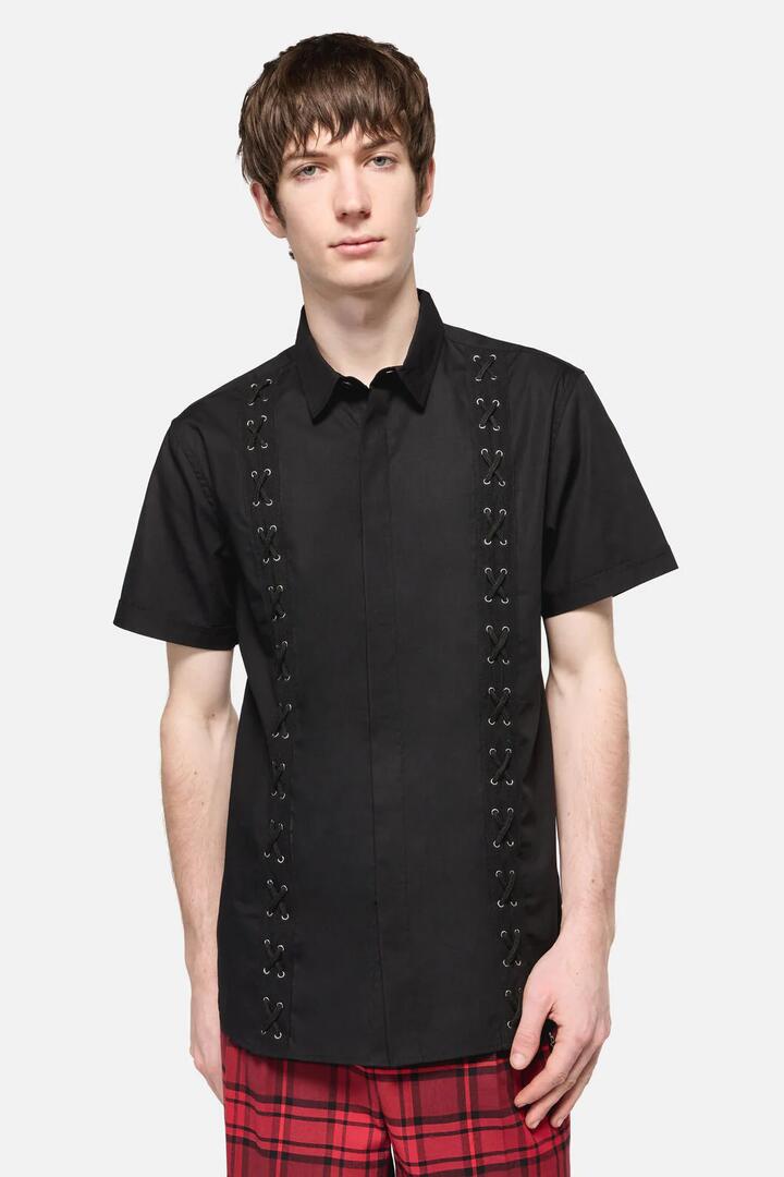 Image of a model wearing Tops. Productname: All Tied Up Short Sleeve Shirt in Black colour by brand - Dangerfield