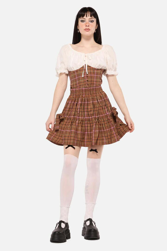 Image of a model wearing Skirts. Productname: Rustic Check Gathered Skirt in Brown colour by brand - Dangerfield