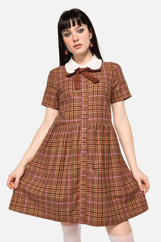 Image of a model wearing Dress. Productname: Rustic Check Collar Dress in Brown colour by brand - Dangerfield