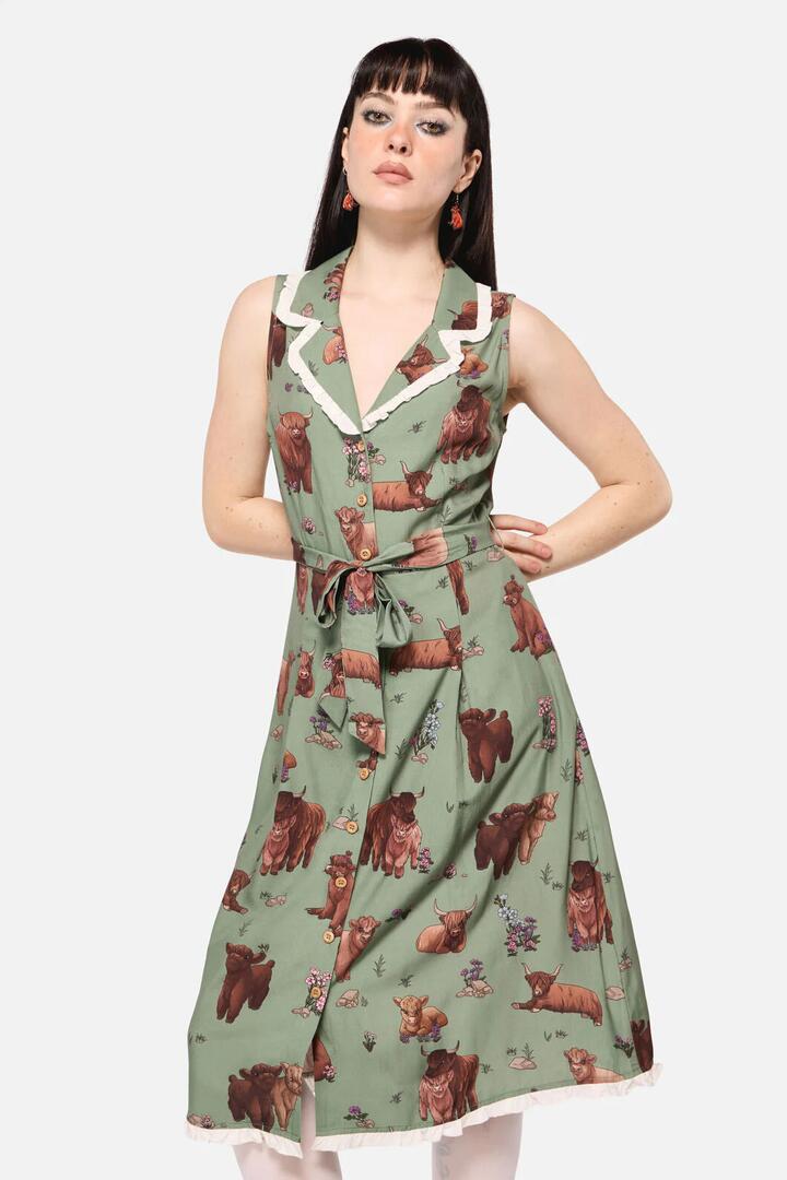 Image of a model wearing Dress. Productname: Highland Fling Ruffle Dress in Green colour by brand - Dangerfield