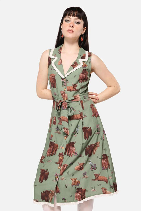 Image of a model wearing Dress. Productname: Highland Fling Ruffle Dress in Green colour by brand - Dangerfield